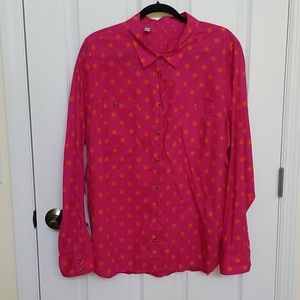 Hot pink orange polka dot button down shirt